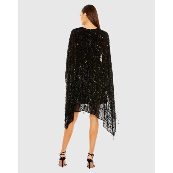 Mac Duggal Size Small 94044 Black Cape Back Fringe Beaded Robe Cocktail Dress - Picture 3 of 8